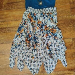 Y2K Floral Cottagecore Smock Waist Asymmetric Hem Midi Skirt Large